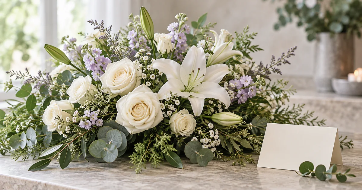 Weiße Rosen und Lilien als Beispiel für würdige Trauerfloristik
