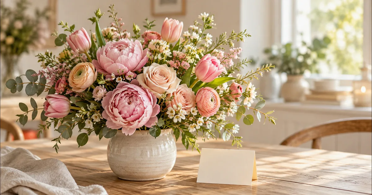 Frühlingsstrauß aus Pfingstrosen, Rosen und Tulpen zum Muttertag