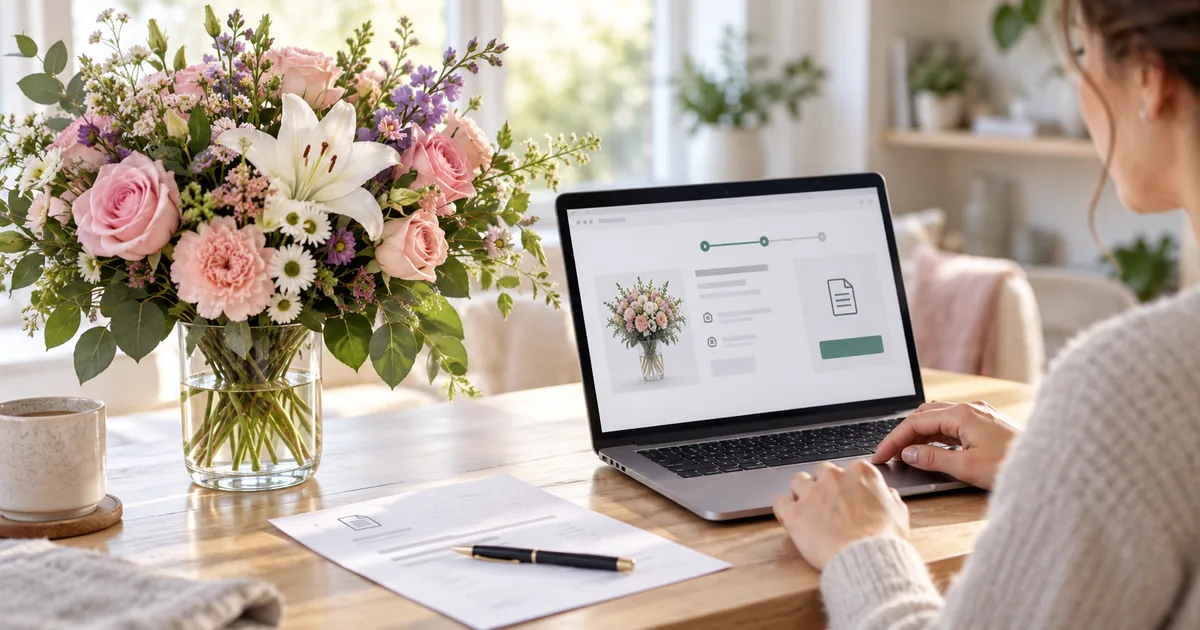 Blumen auf Rechnung bestellen am Laptop mit frischem Strauß
