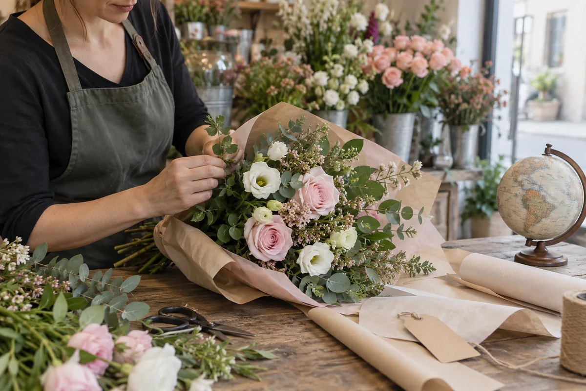 Floristin bindet einen Blumenstrauß für den internationalen Blumenversand