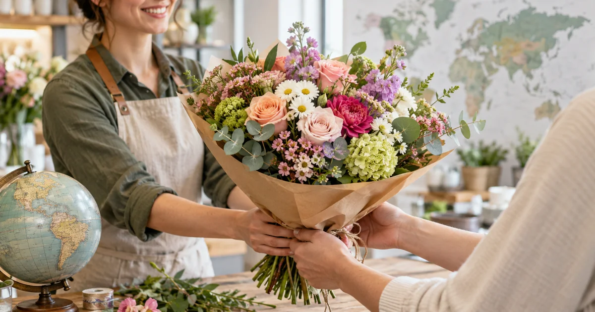 Internationaler Blumenversand mit frischem Blumenstrauß und Weltkarte