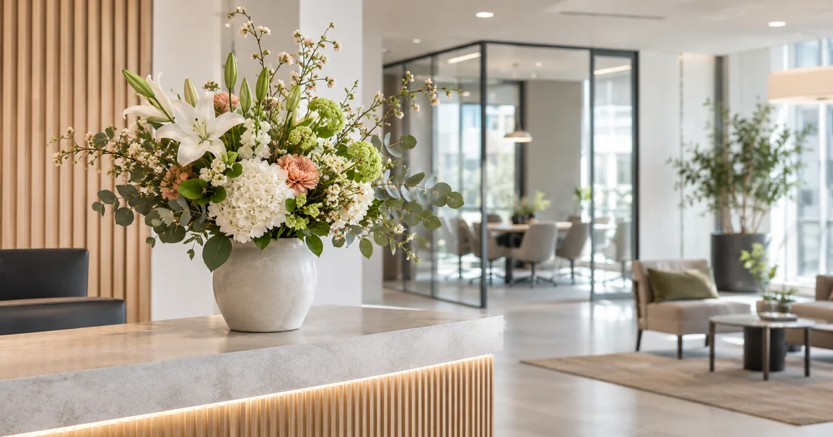 Blumen im Business – Empfang mit Blumen Blumen im Business: saisonaler Strauß am modernen Büroempfang