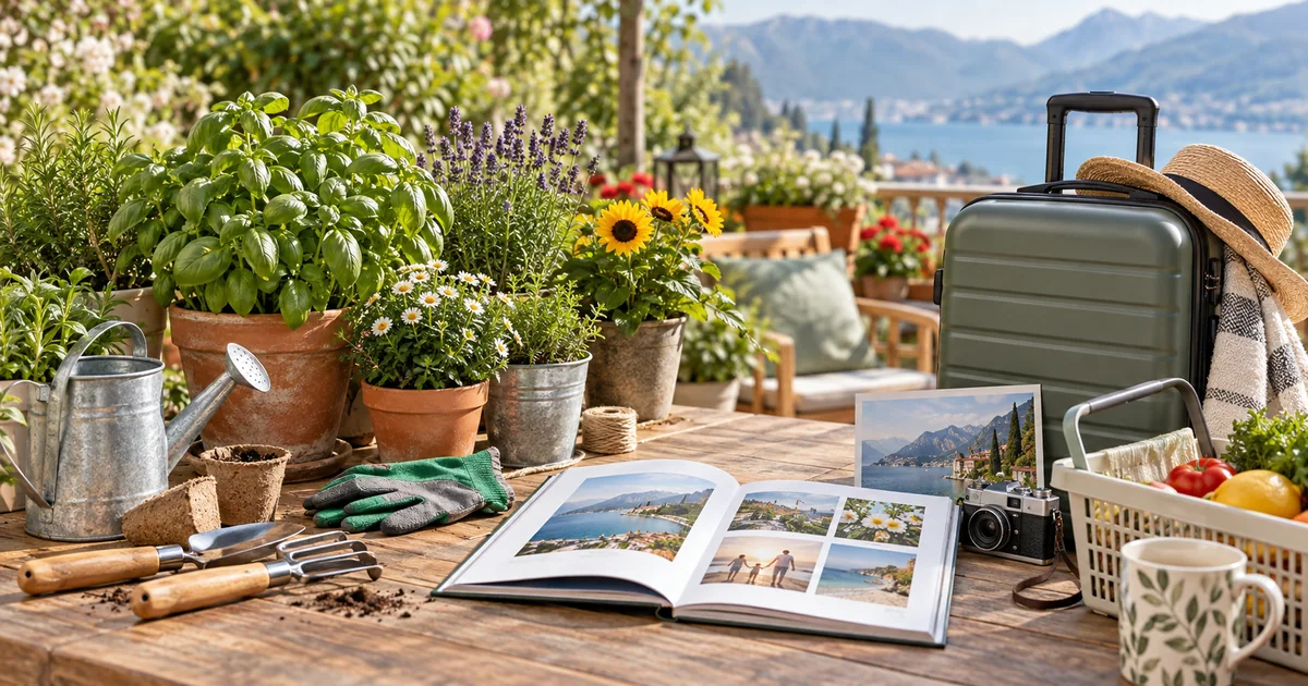 Gartenpflanzen, Fotobuch und Reisegepäck als Symbol für Aktionen bei Lidl