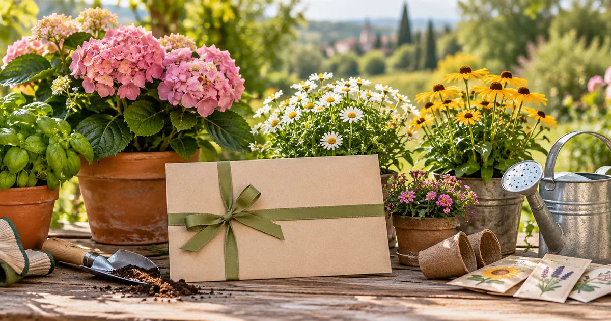 Gartenpflanzen und Geschenkkarte als Symbol für BALDUR-Garten Gutscheine