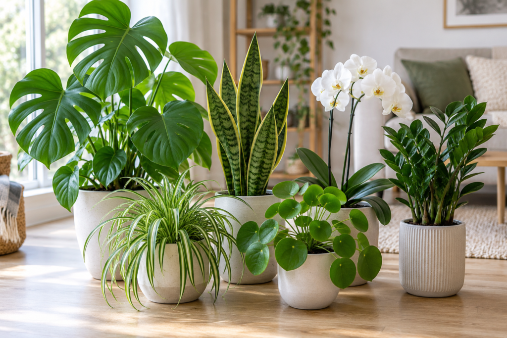 Beliebte Zimmerpflanzen mit Monstera, Grünlilie, Bogenhanf, Pilea, Orchidee und Glücksfeder