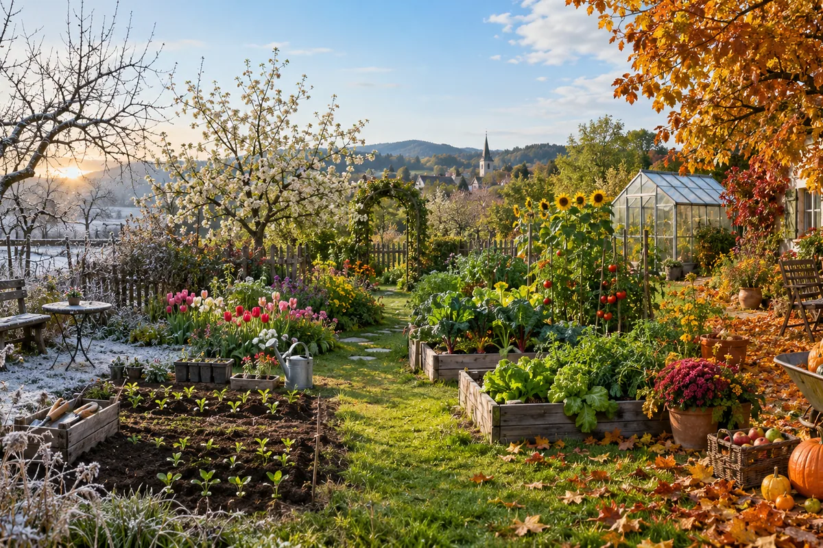 Arbeitskalender für den Garten mit vier Jahreszeiten