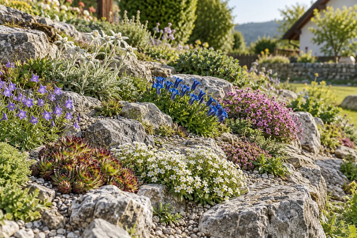 Natürlich gestalteter Alpengarten mit Hauswurz, Enzian und Steinbrech