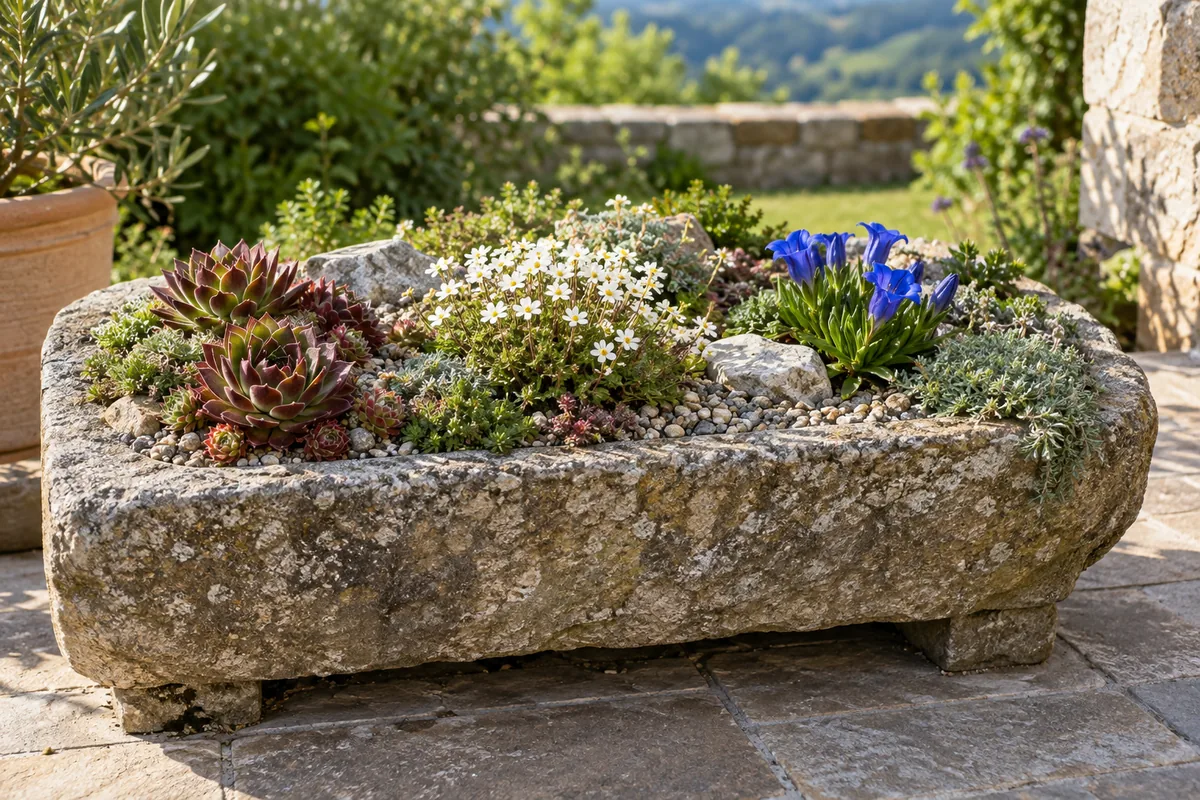 Natursteintrog mit Hauswurz, Steinbrech und blauem Enzian