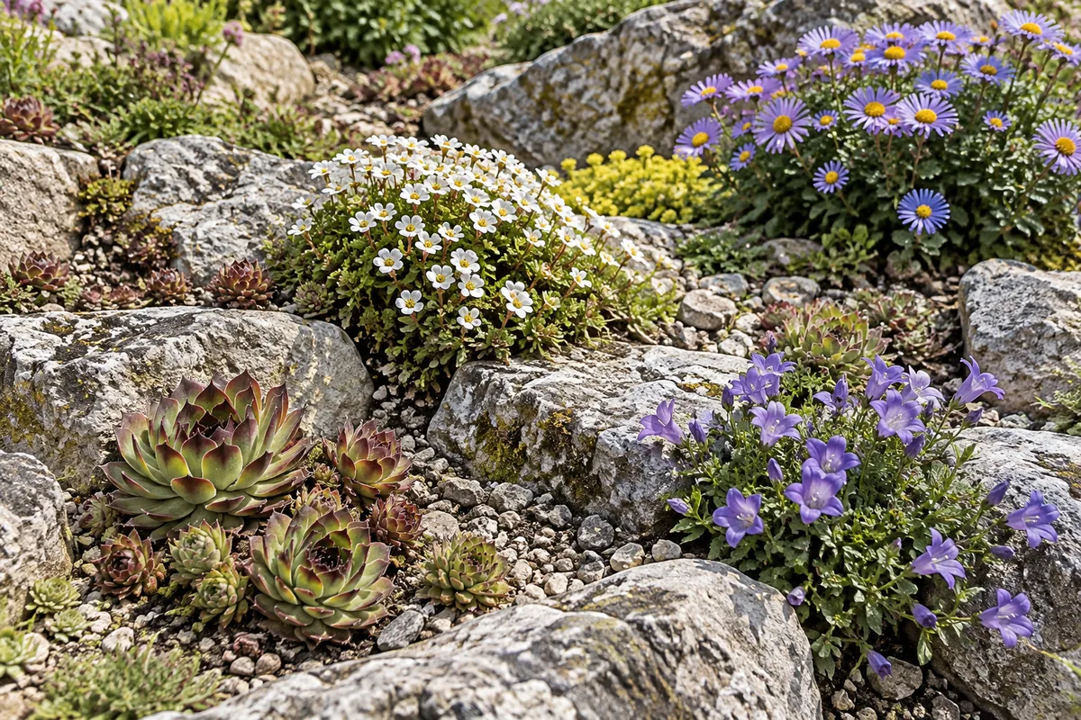 Hauswurz, Steinbrech und Glockenblumen zwischen Natursteinen
