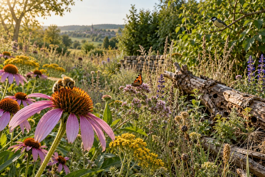 Wildbiene, Schmetterling und Vogel in einem blütenreichen Naturgarten