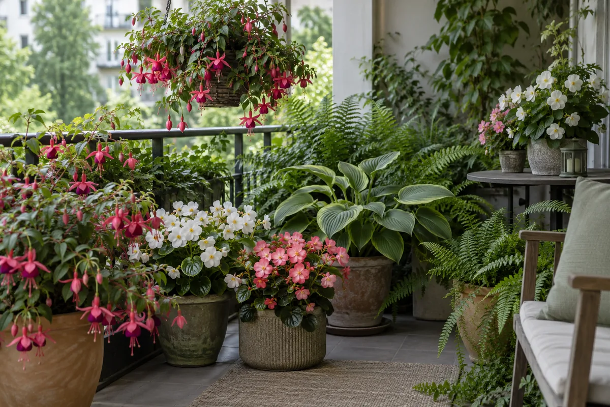 Fuchsien, Begonien, Funkien und Farne auf einem schattigen Balkon