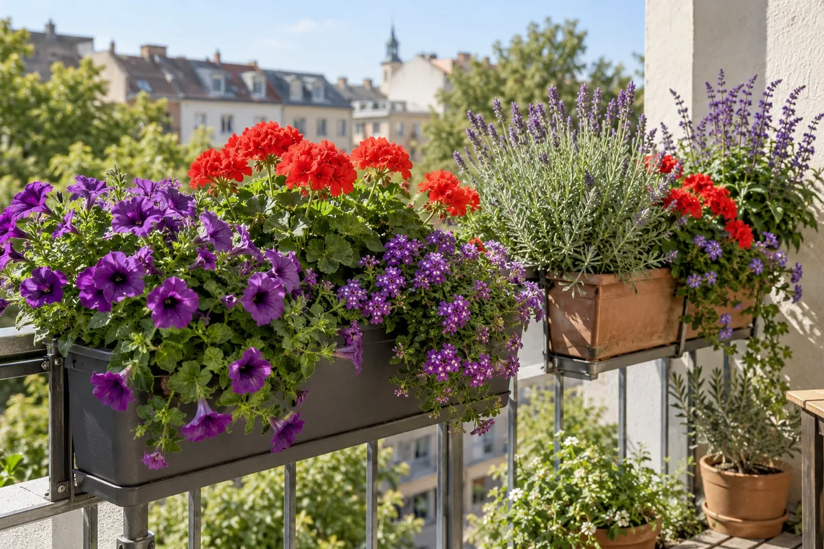 Petunien, Pelargonien und Lavendel auf einem sonnigen Balkon