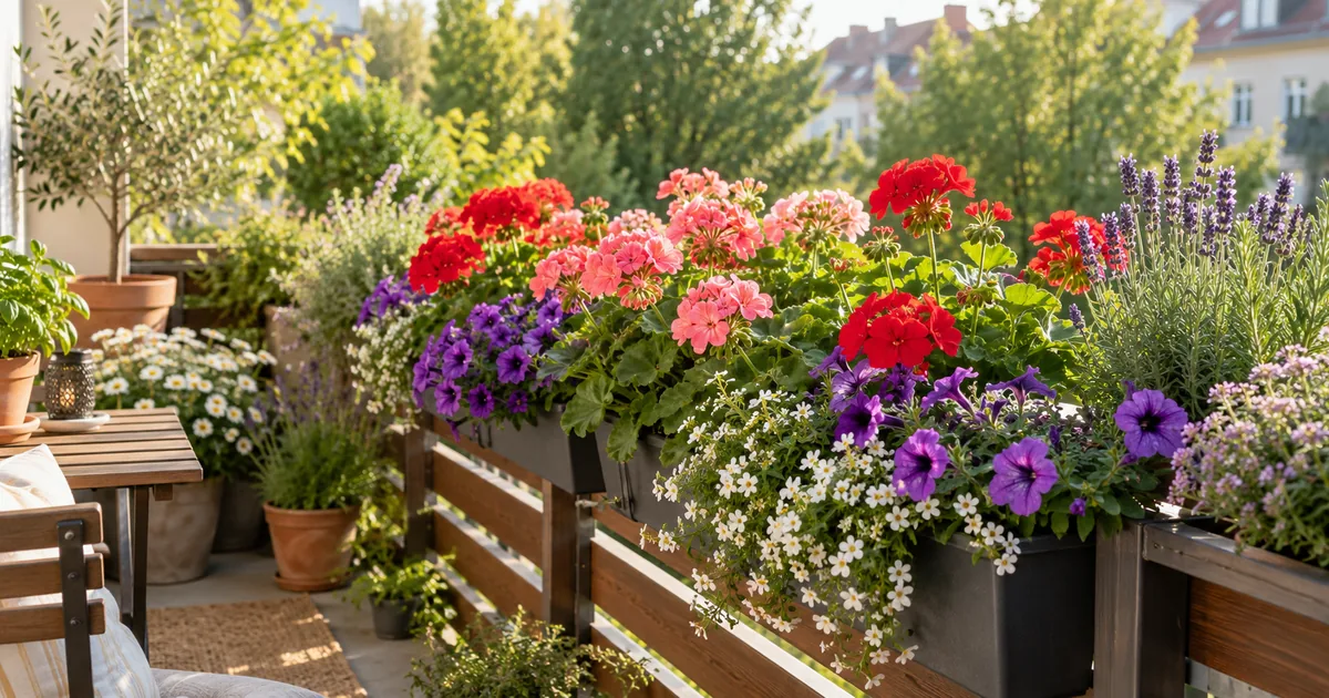 Blütenreicher Stadtbalkon mit Petunien, Pelargonien, Lavendel und Kräutern