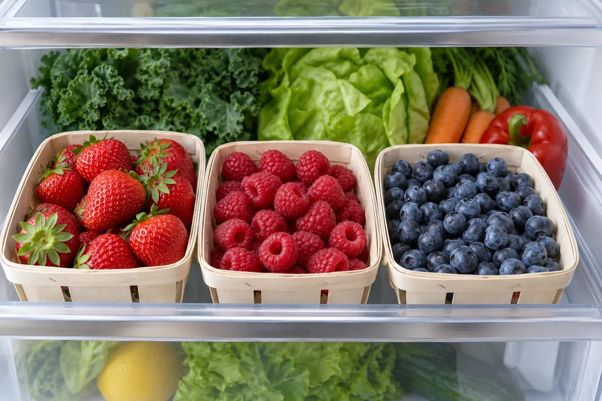 Erdbeeren, Himbeeren und Heidelbeeren in flachen Behältern im Kühlschrank