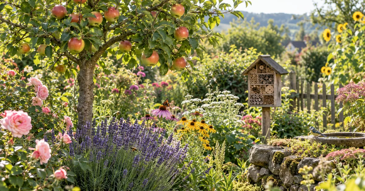Biologischer Pflanzenschutz im naturnahen Obstgarten mit Apfelbaum und Blumen
