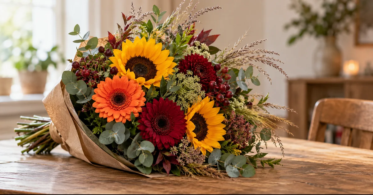 Moderner Strauß mit Sonnenblumen, Gerbera und Eukalyptus