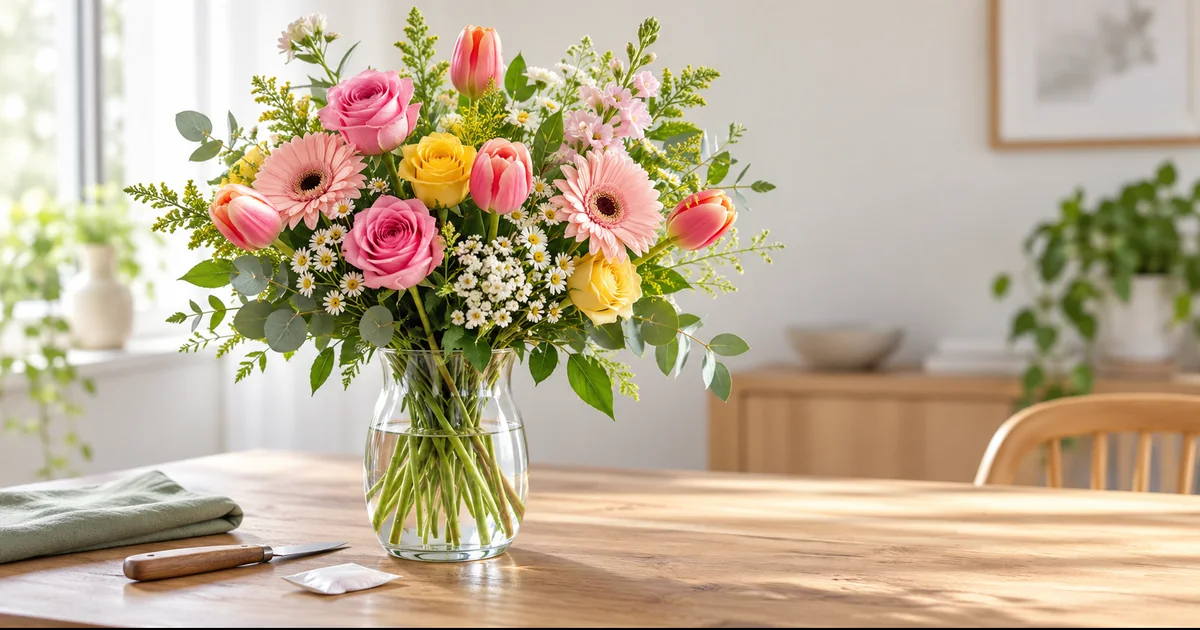Blumen länger frisch halten – frischer Strauß mit Rosen, Tulpen und Gerbera in sauberer Glasvase