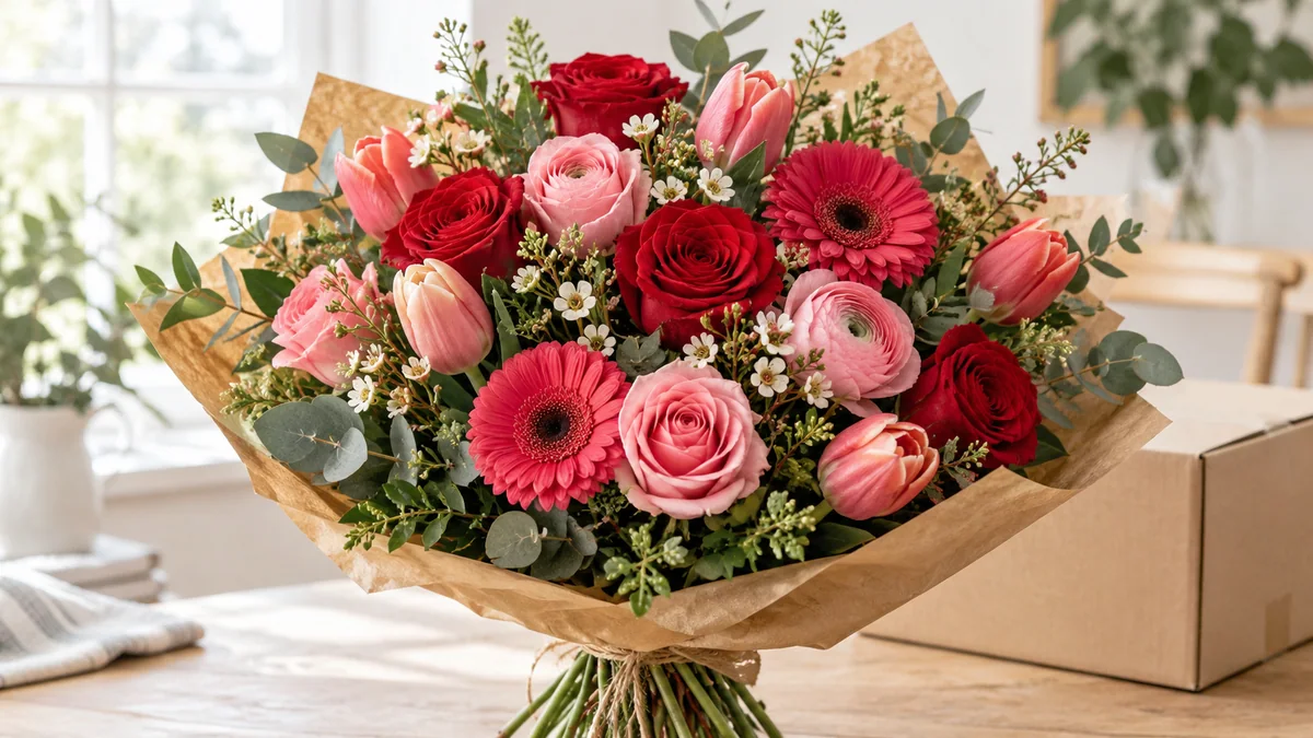 Blumen online bestellen: Strauß mit Rosen, Tulpen, Ranunkeln und Gerbera neben einem Versandkarton