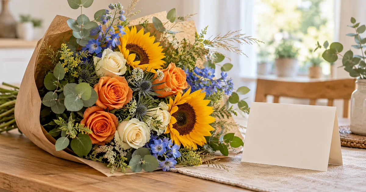 Blumen zum Vatertag mit Sonnenblumen, Rosen und Grußkarte