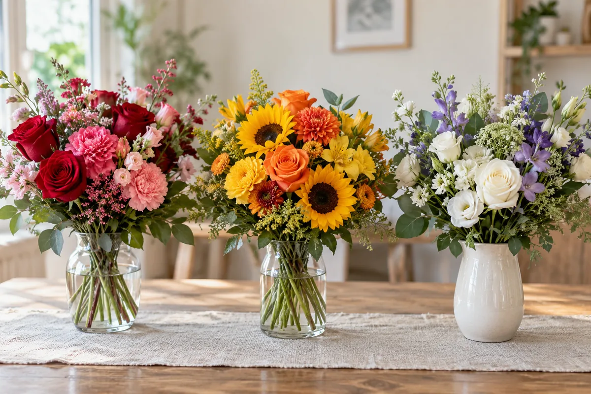 Blumenfarben für unterschiedliche Anlässe kombinieren Drei Blumensträuße in Rot-Rosa, Gelb-Orange und Weiß-Violett
