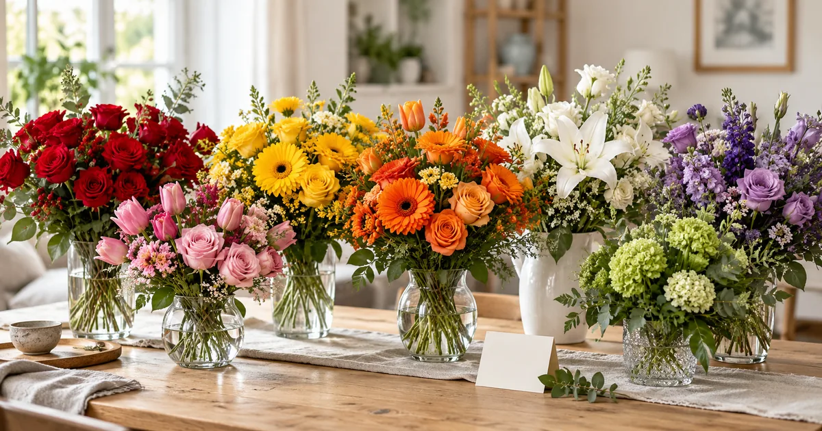 Bedeutung der Blumenfarben beim Schenken Blumenfarben und ihre Bedeutung mit roten, gelben, weißen und violetten Sträußen