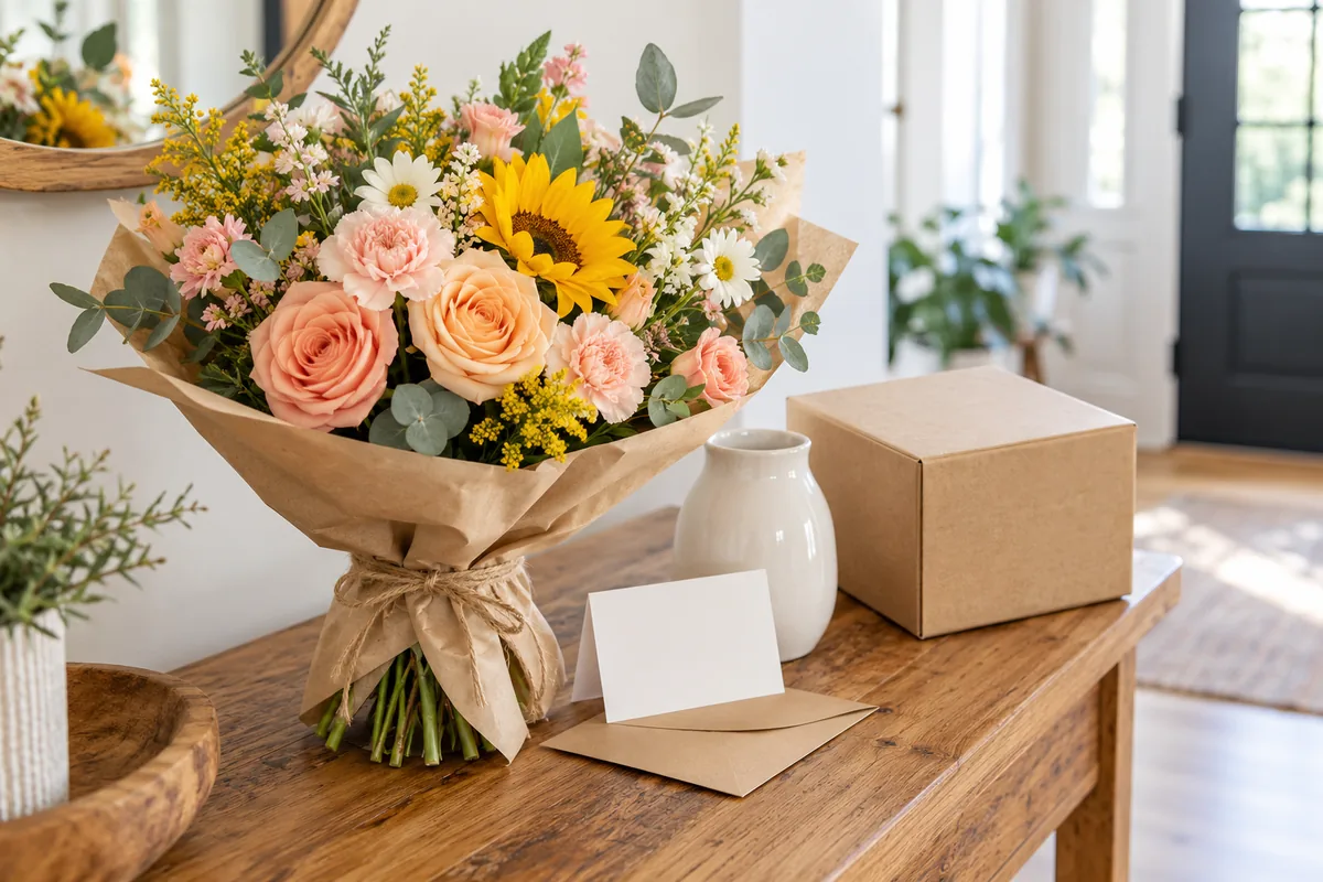 Blumengeschenk persönlich überreichen oder liefern lassen Blumengeschenk mit Grußkarte und Versandkarton