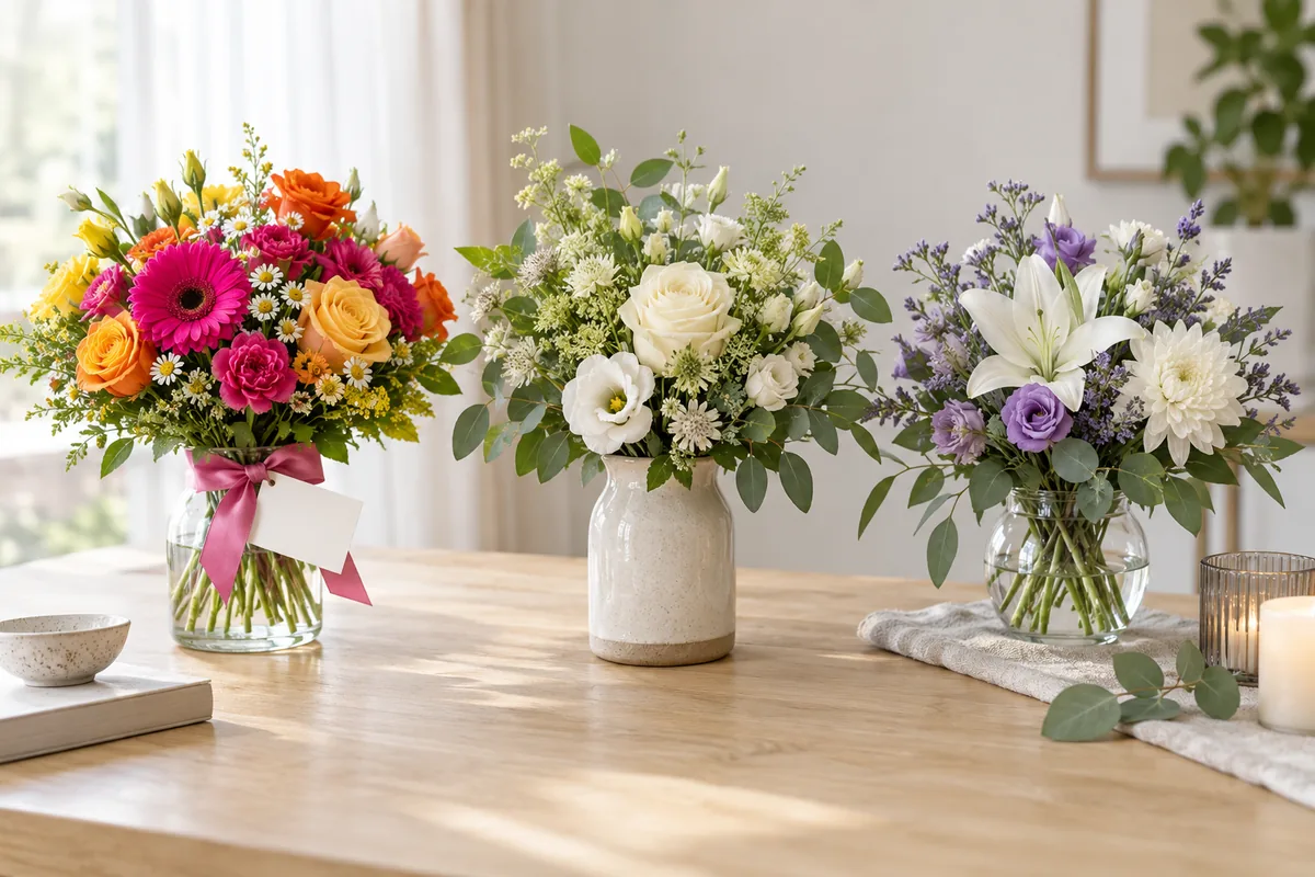 Blumengeschenke nach Anlass auswählen Drei Blumenarrangements für Geburtstag, Dank und stille Anteilnahme