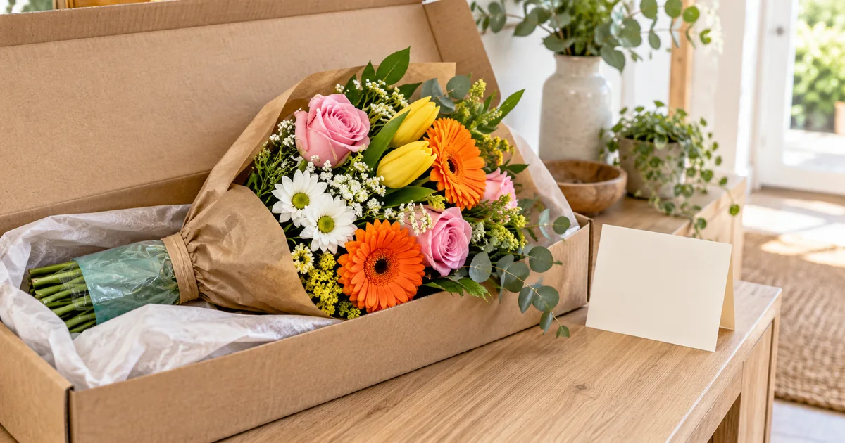 Blumengruß verschicken: Blumenstrauß sicher verpackt mit Grußkarte