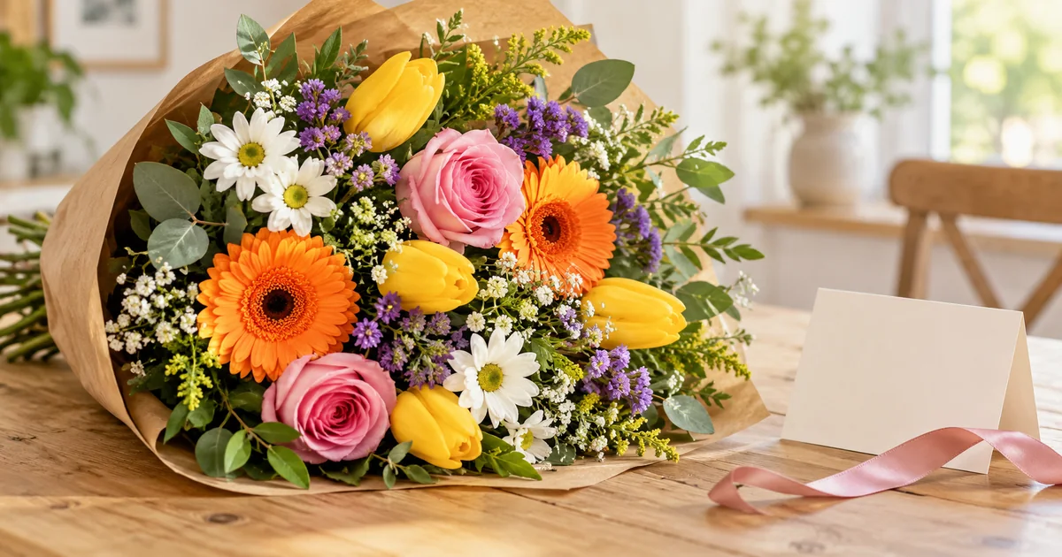 Blumenstrauß schenken: farbenfroher Strauß mit leerer Grußkarte