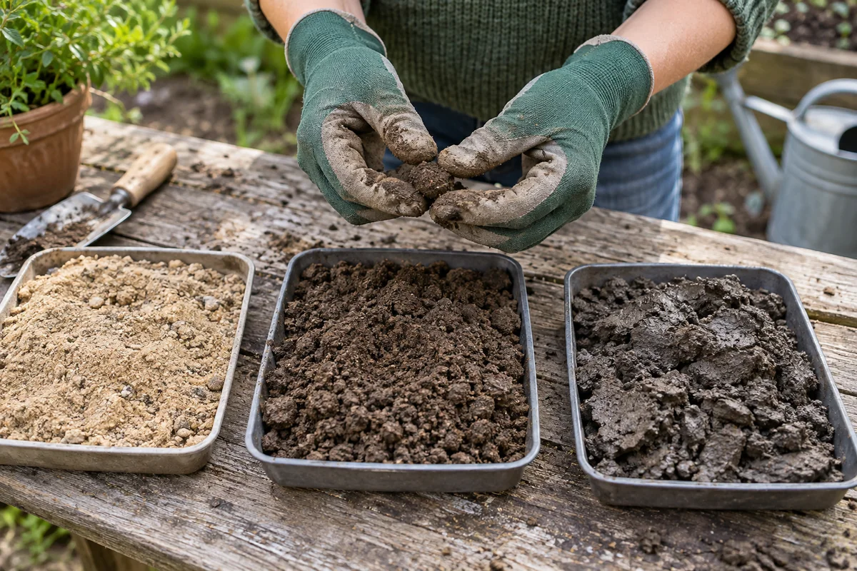 Fingerprobe mit Sandboden, Lehmboden und Tonboden auf einem Gartentisch