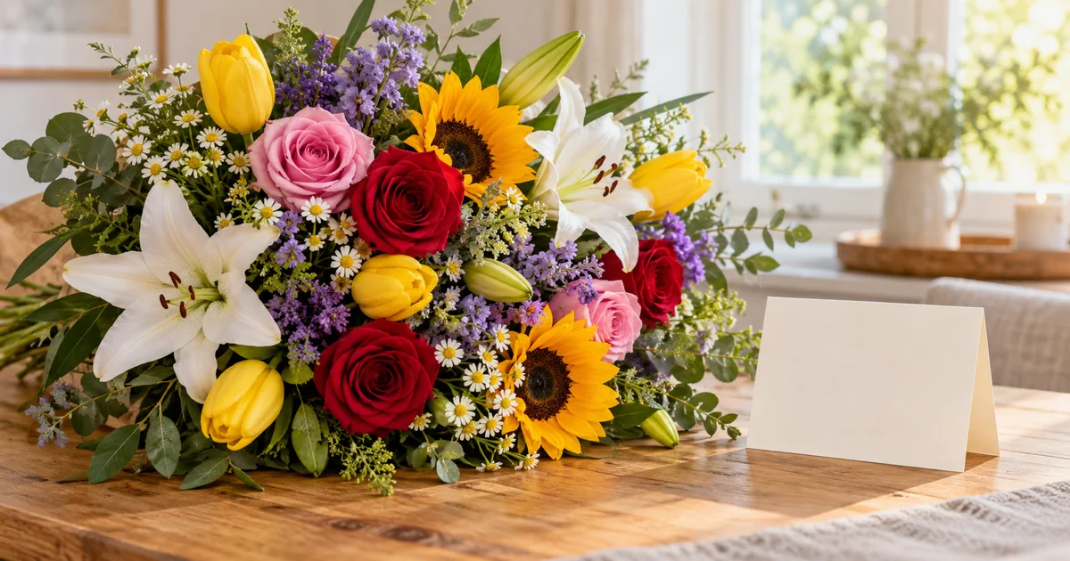 Botschaft der Blumen mit farbenfrohem Blumenstrauß und leerer Grußkarte
