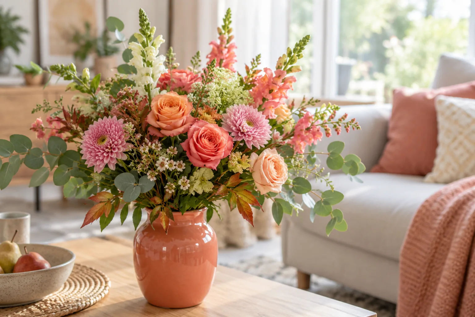 Bunter Blumenstrauß in einer korallfarbenen Vase
