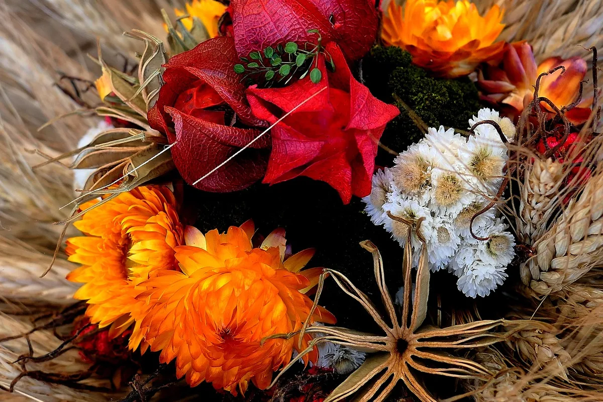 Bunter Trockenblumen-Strauß mit roten, orangefarbenen und weißen Blüten