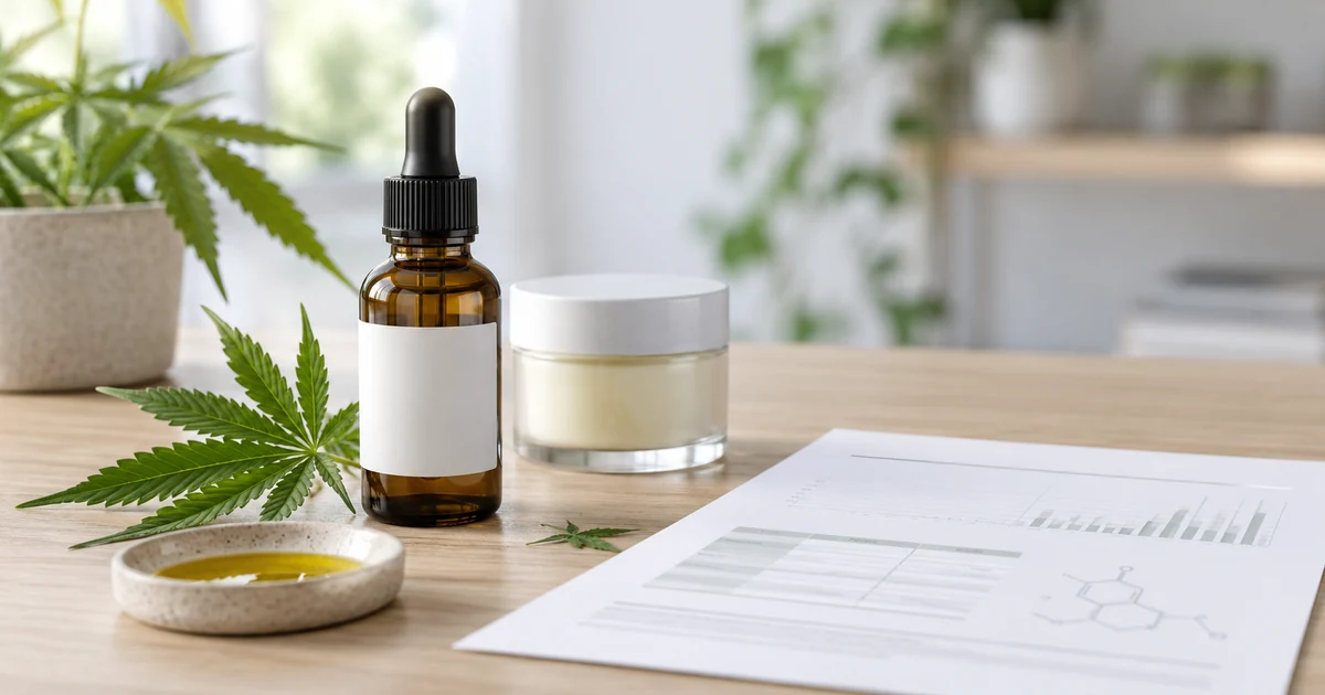 CBD-Produkte prüfen – unbeschriftete Flasche, Hanfblätter und Laborbericht