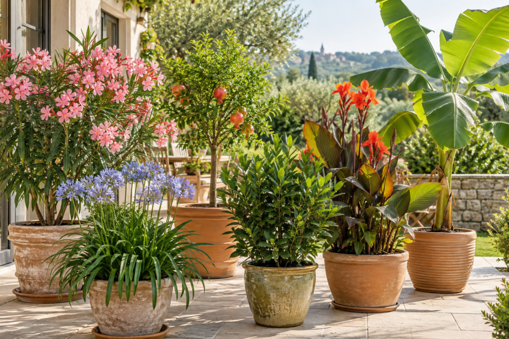 Exotische Kübelpflanzen auf einer sonnigen Terrasse mit Oleander, Schmucklilie und Zierbanane