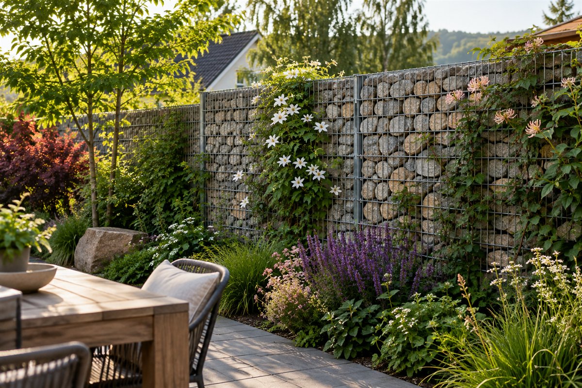 Bepflanzte Gabione mit Clematis und Geißblatt als Sichtschutz