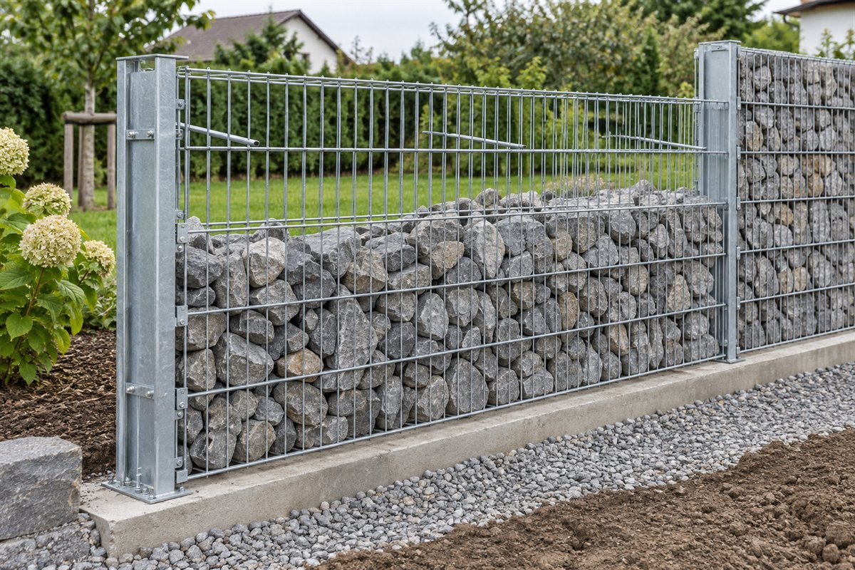 Gabionen-Fundament mit Verankerung, Abstandhaltern und Steinfüllung