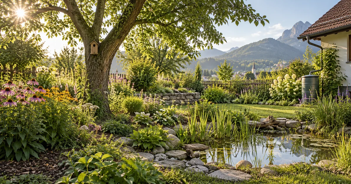 Klima und Umwelt für Pflanzen im naturnahen Garten mit Baum und Teich