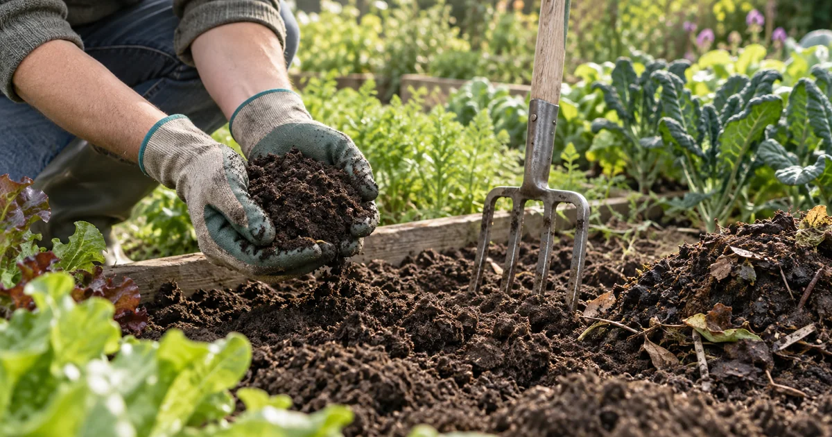 Gartenboden richtig bearbeiten: Gärtner hält lockere humusreiche Erde über einem Gemüsebeet