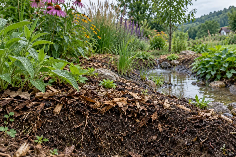 Mulchschicht, Wurzeln und flache Mulde speichern Wasser im Gartenboden