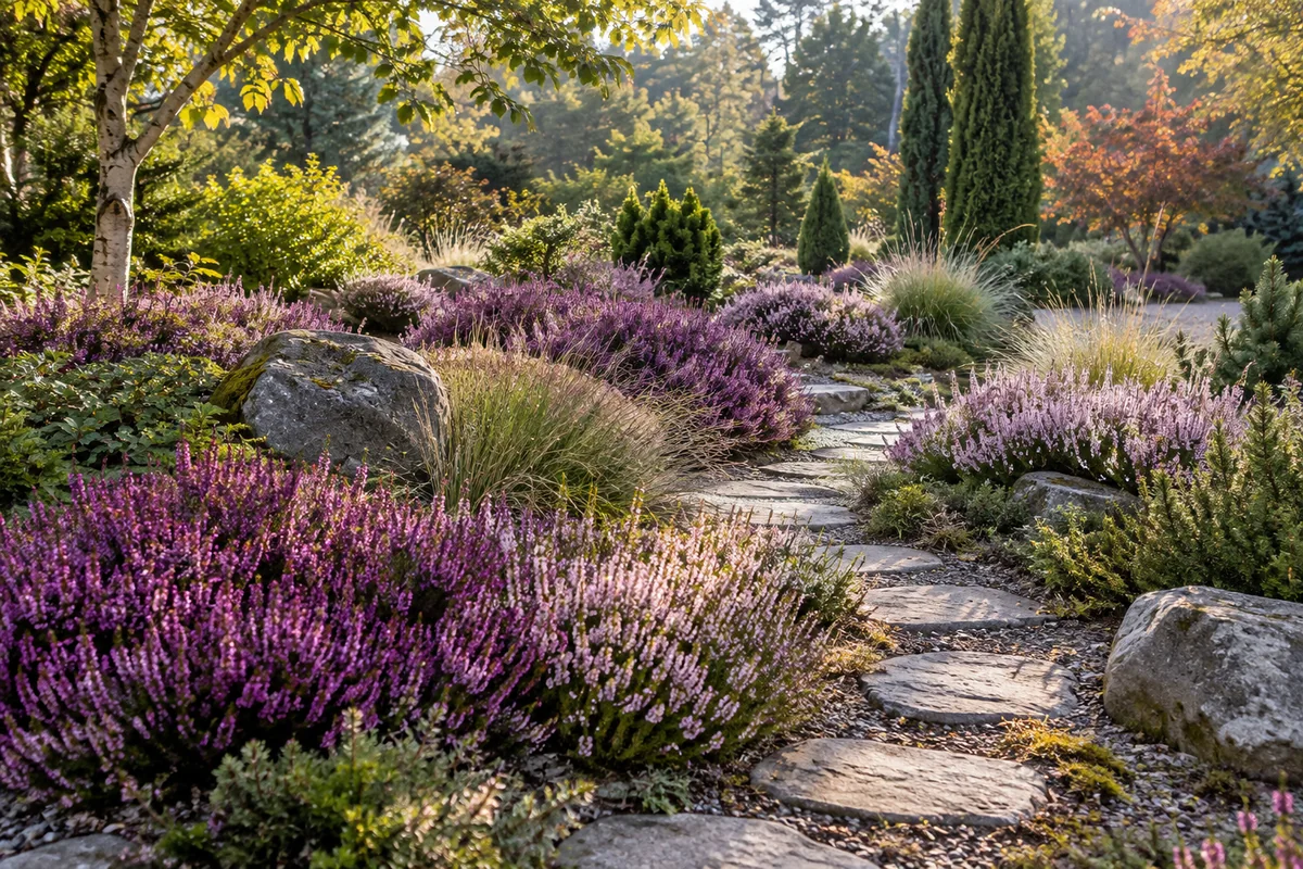 Heidegarten mit violetter Besenheide, Gräsern und Natursteinen