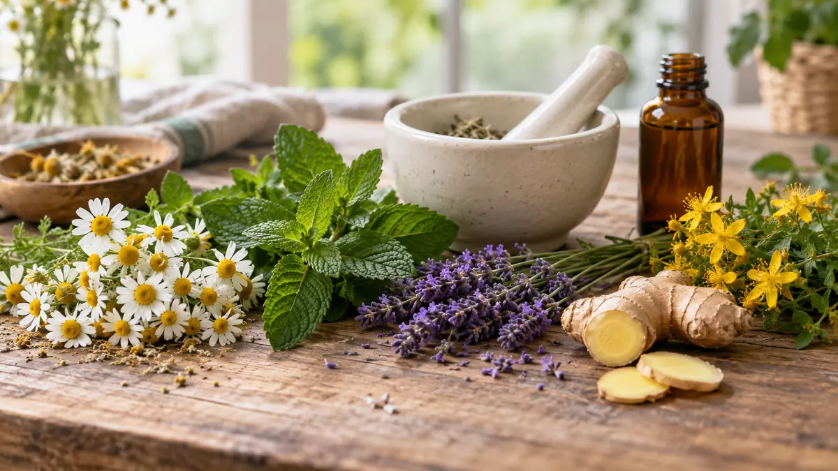 Heilen mit Pflanzen: Kamille, Pfefferminze, Lavendel, Ingwer und Johanniskraut neben einem Mörser