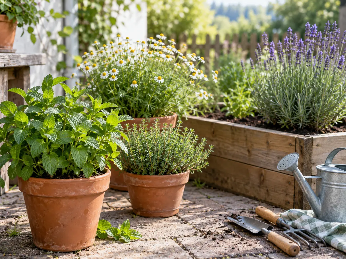 Pfefferminze, Kamille, Thymian und Lavendel in einem kleinen Kräutergarten