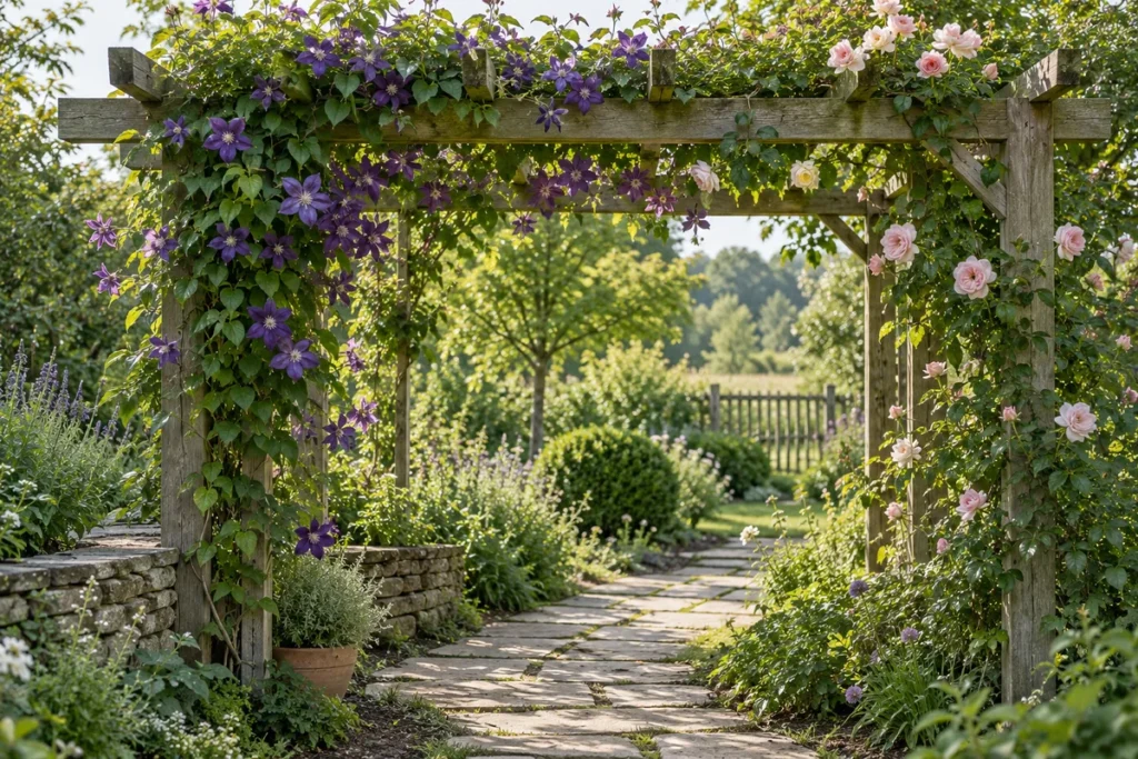 Kletterpflanzen im Garten: Clematis und Kletterrose an einer stabilen Pergola