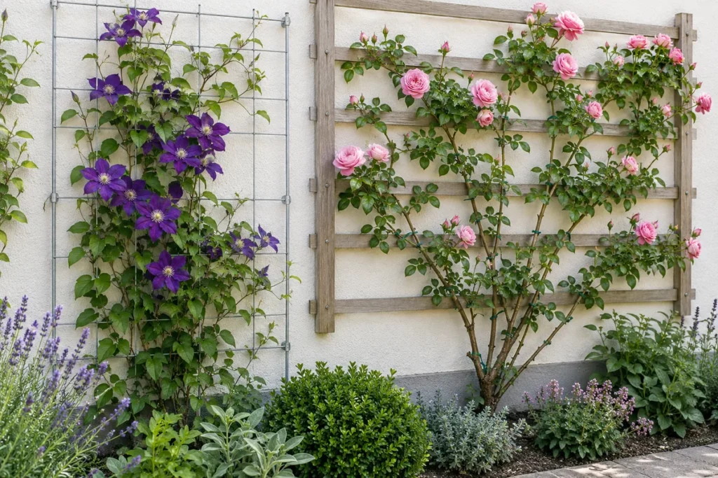 Clematis am Metallgitter und Kletterrose am Holzspalier