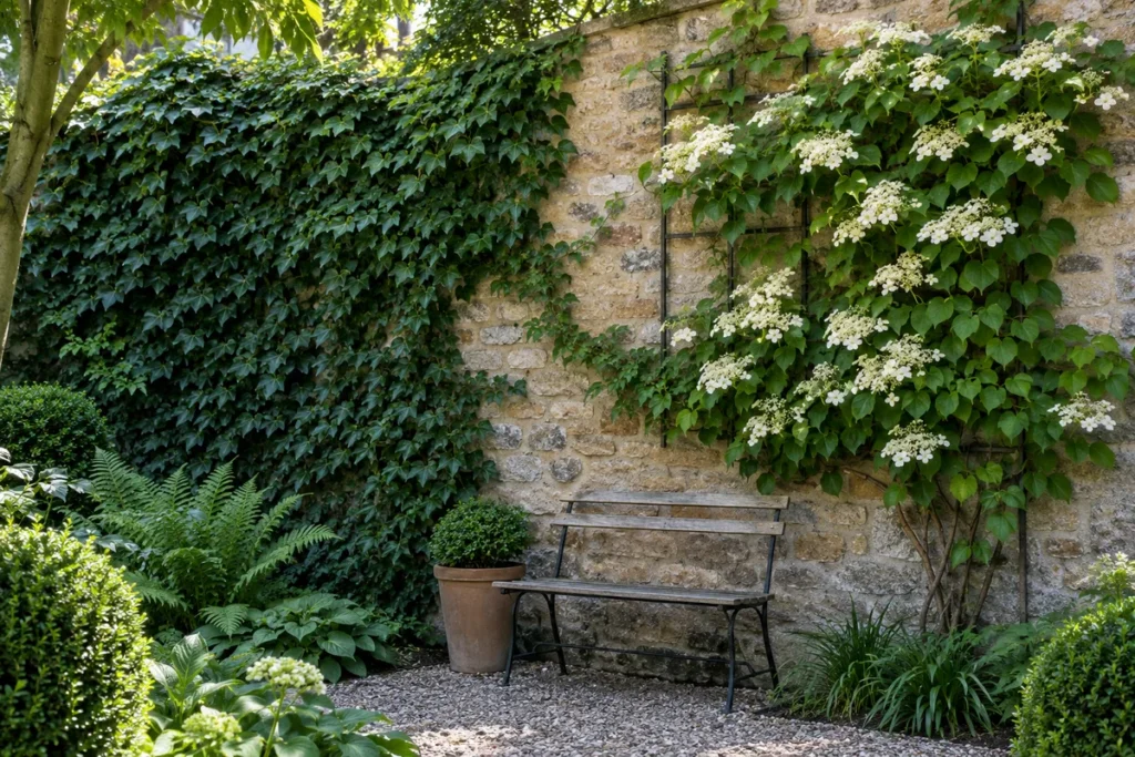 Efeu und weiß blühende Kletterhortensie an einer intakten Gartenmauer