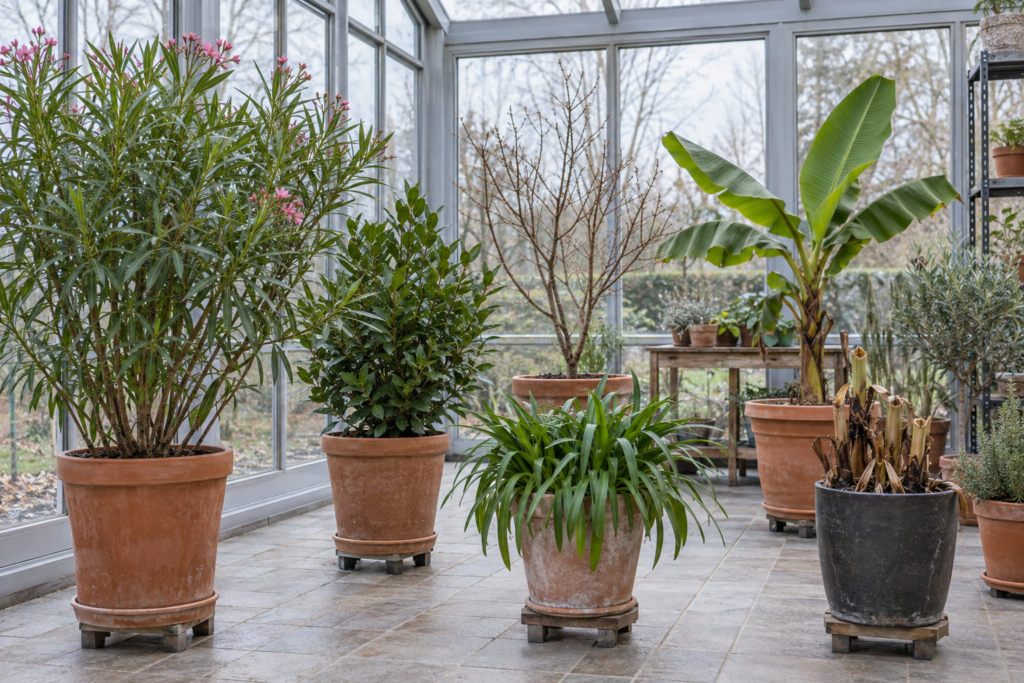 Exotische Kübelpflanzen in einem hellen frostfreien Winterquartier