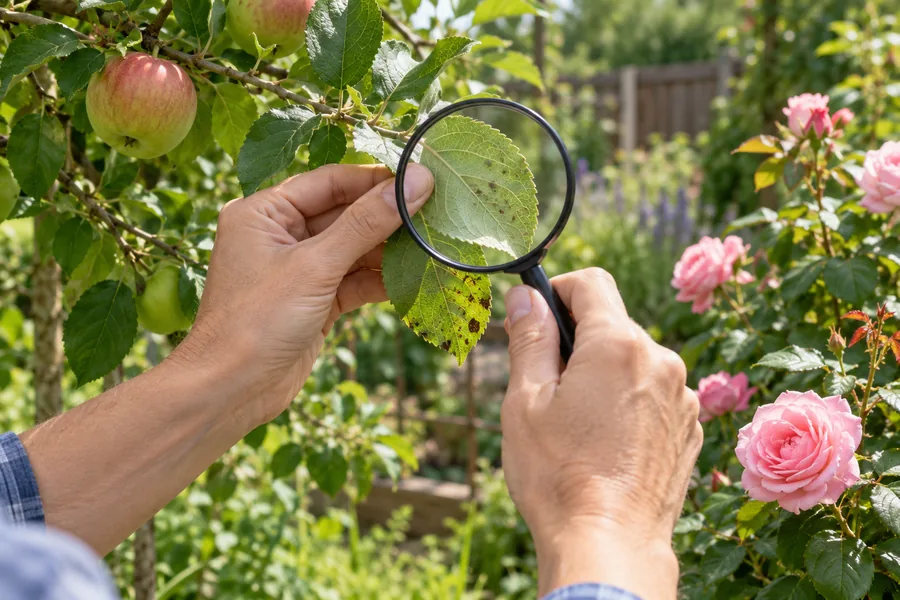 Apfelbaumblätter mit einer Lupe auf Krankheiten kontrollieren