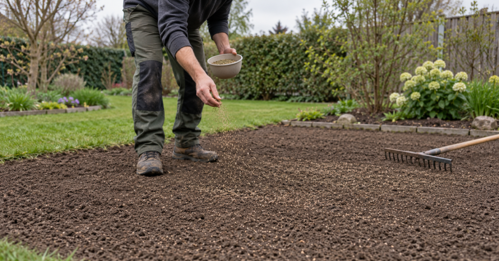 Rasen anlegen: Gärtner sät Rasensamen auf vorbereitetem Gartenboden aus