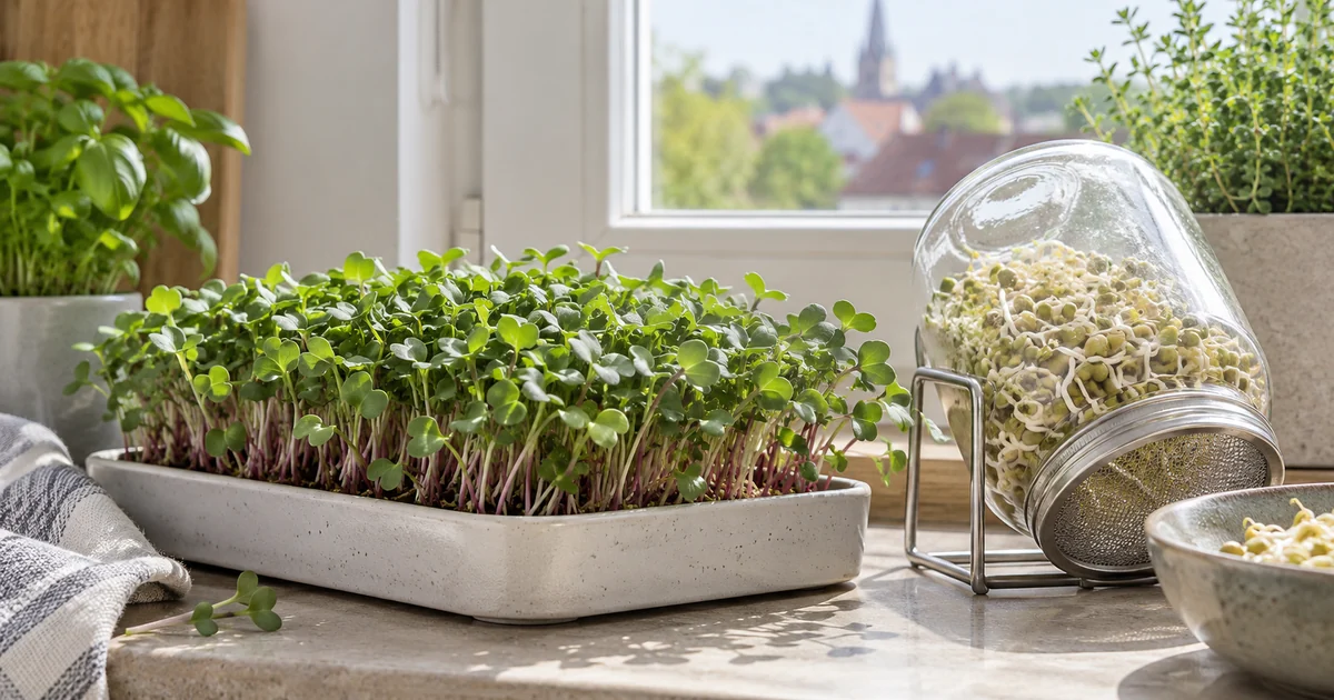 Sprossen auf der Fensterbank mit Radieschen-Microgreens und Keimglas